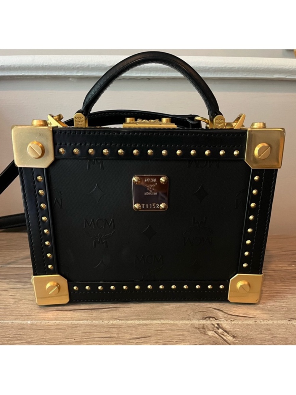 MCM Black Leather Mini Trunk Bag with Gold Hardware
